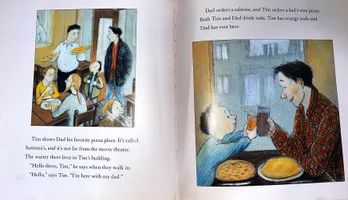 The book is a "slice of life", with nothing too exciting or out of the ordinary to take away from just the special feeling of spending time with a dad (or any separated parent/caregiver).  The illustrations are warm and familiar, and stays out of the way of actually reading the text.