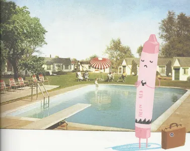 Each page features a different color of crayon, each with a distinct personality and experience. The art is like a collage, with an illustrated crayon superimposed over a typically "retro" postcard from a different landmark.