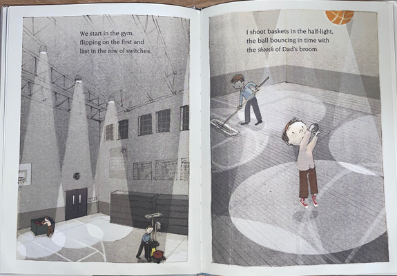 A page from the book.  The boy pulls a basketball from a bin and shoots some hoops while his father mops the gym.