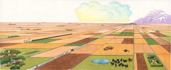 The geometric illustrations in this book are beautifully colored.  They remind me of Spaceman Spiff strips from Calvin and Hobbes, with the wide landscapes that are awesome in scope-- the difference here is that the landscapes are instantly familiar, rather than alien.